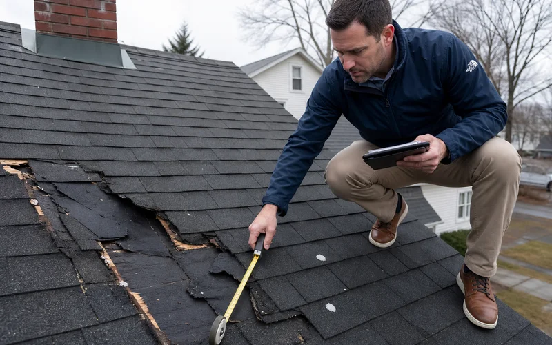 Adjuster taking measurements on a damaged roof slope with measuring wheel