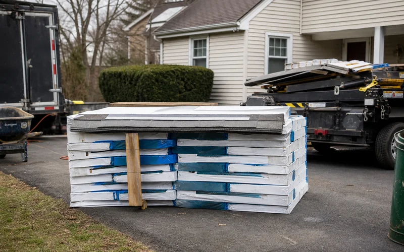 Bundle of GAF Timberline shingles on a Hartford County job site driveway
