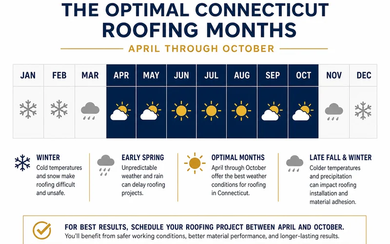 Calendar overlay showing optimal CT roofing months (April-October) with weather icons
