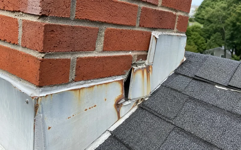 Close-up of chimney flashing failure on a residential CT roof