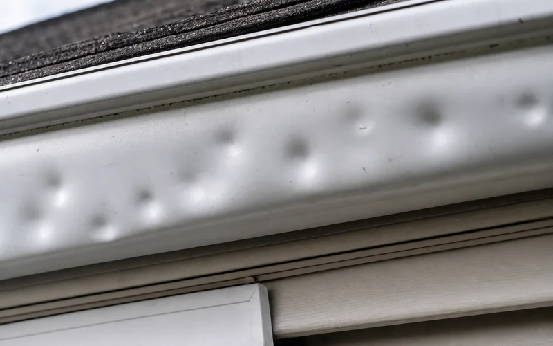 Dented gutter from hail on a Hartford County home