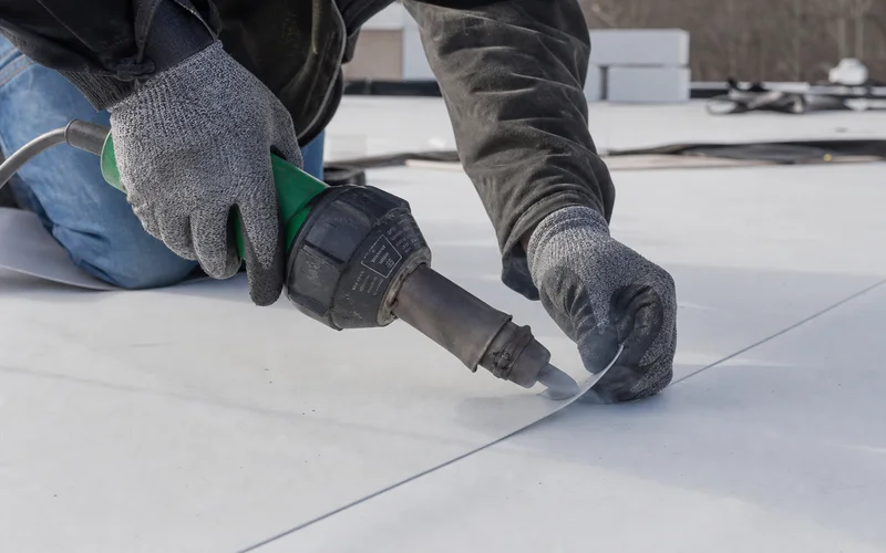 Heat-welded TPO seam being completed with hot-air welder tool