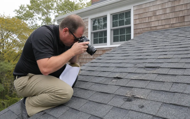 Insurance adjuster on a Connecticut roof during inspection, documenting hail damage