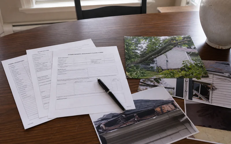 Insurance claim paperwork on a kitchen table with damage photo printouts