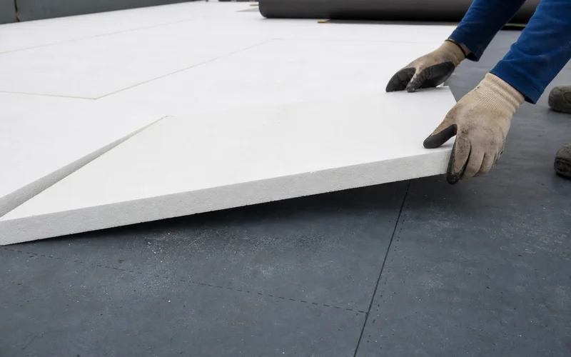 ISO insulation board being installed on commercial flat roof substrate