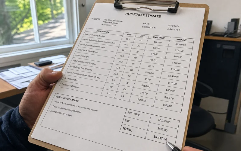 Itemized roofing estimate document on clipboard, focus on totals line