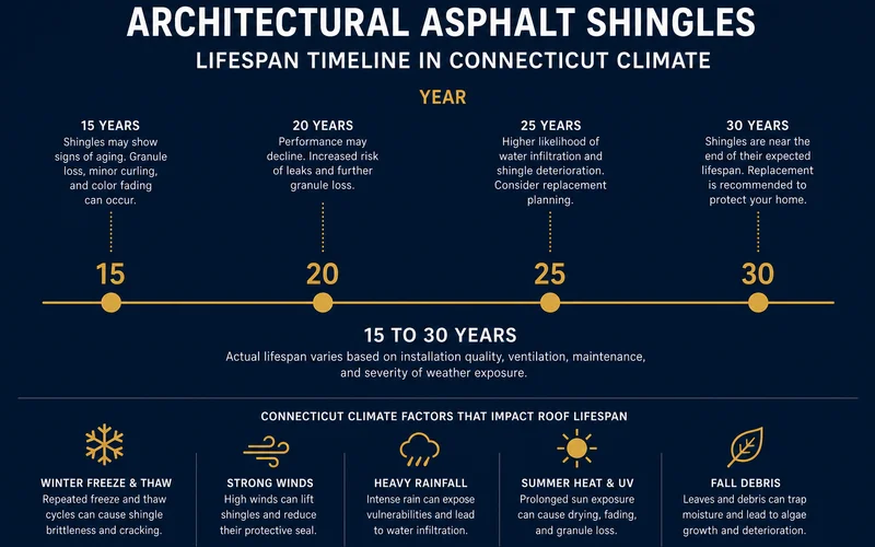 Lifespan timeline chart for architectural shingles in Connecticut climate