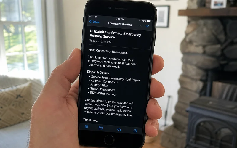 Phone showing emergency roofer dispatched alert with response time