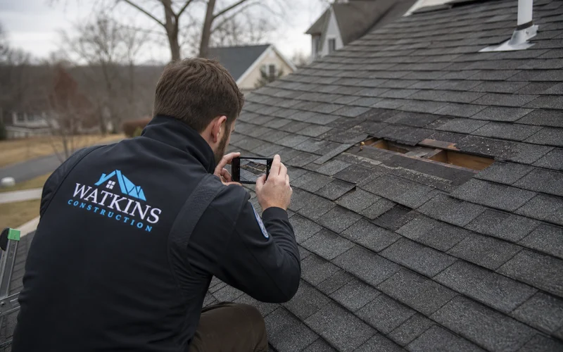 Roof being re-inspected with detailed photo documentation after initial denial