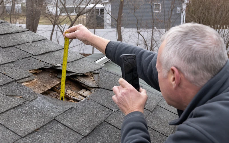 Roof damage documentation photos being taken with measurement reference