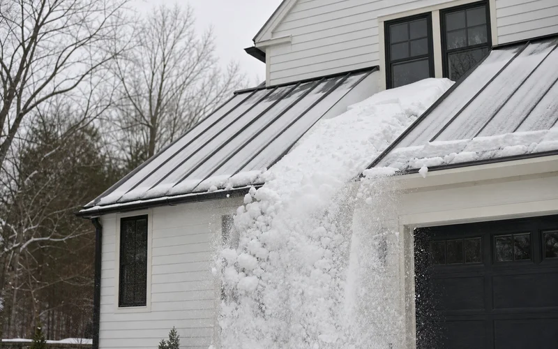 Snow shedding off a metal roof in Hartford County winter