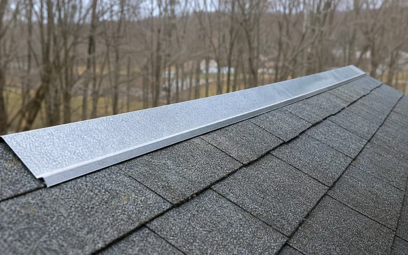 Zinc strip installed near roof ridge as algae prevention