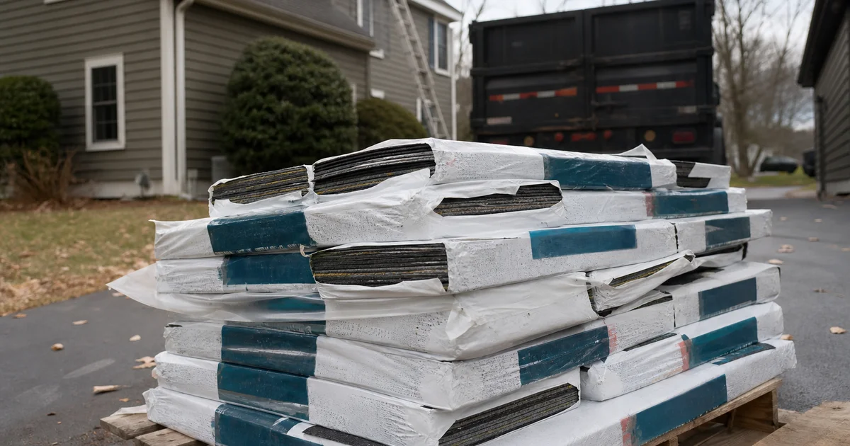Bundle of architectural shingles on a Connecticut residential roof with price tag overlay