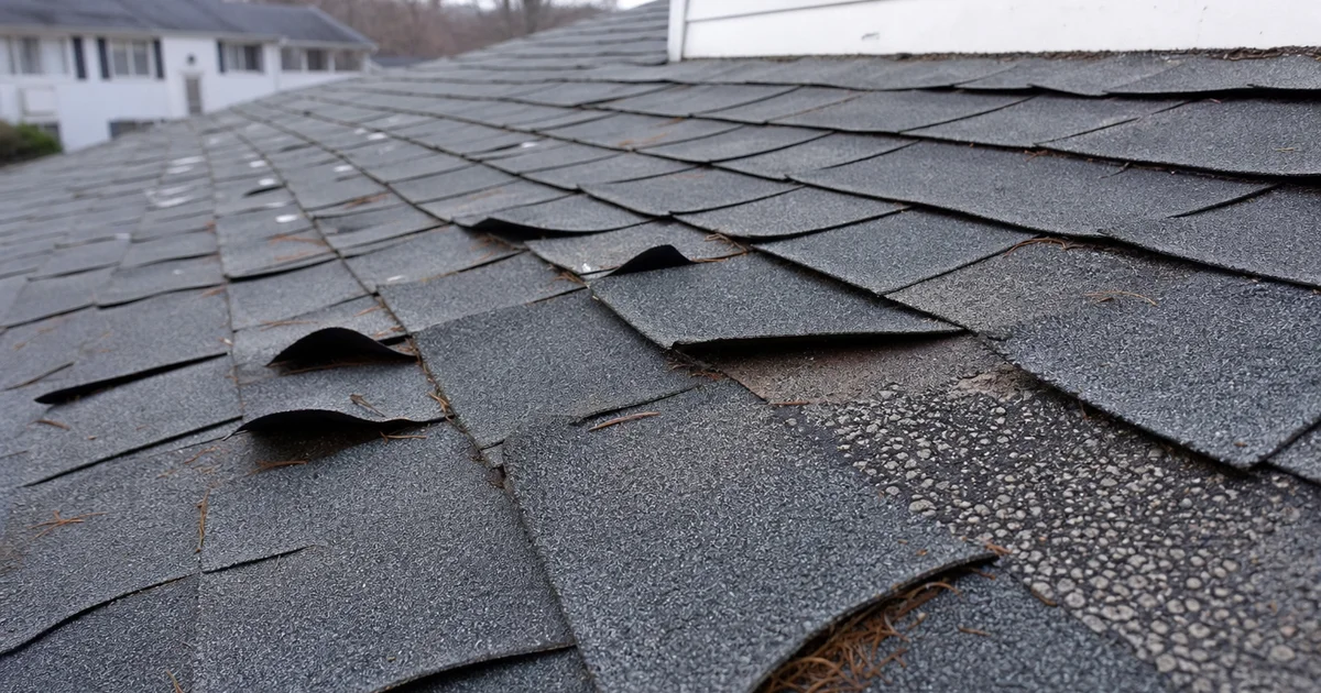 Close-up of curling asphalt shingles on an aging Connecticut residential roof