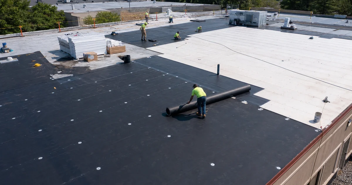 Commercial flat roof in Hartford County undergoing replacement