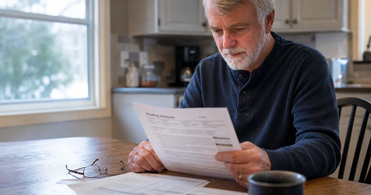 Connecticut homeowner reviewing a written roofing estimate at a kitchen table