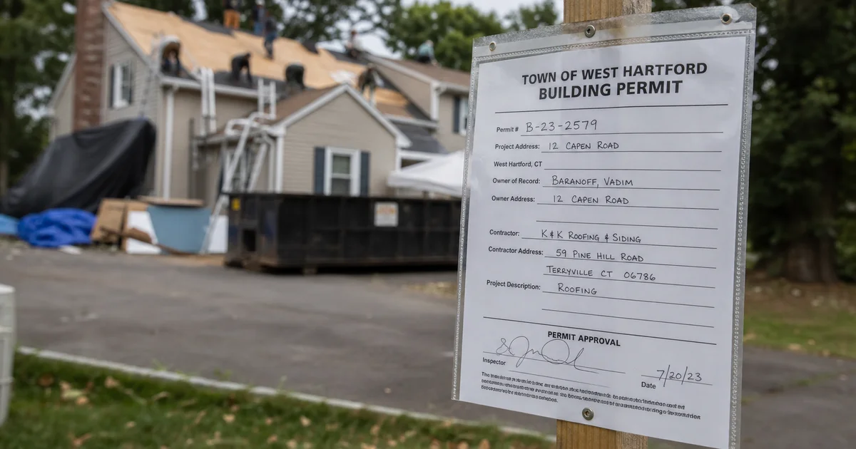 Connecticut municipal building permit posted on a residential job site fence
