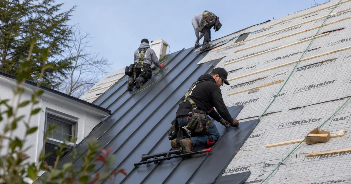 Crew installing standing seam metal roof on Connecticut residential home
