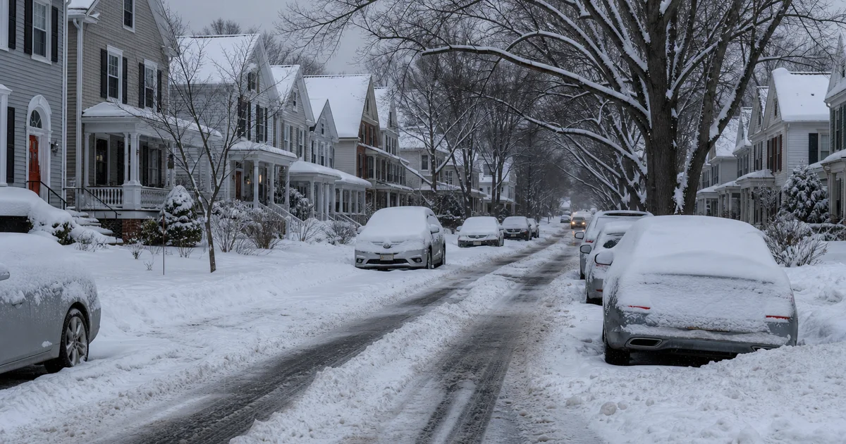 Hartford County residential street during a Nor'easter, snow-covered roofs