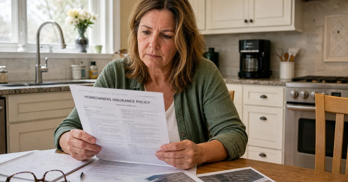 Homeowner reviewing insurance policy with documented roof damage photos