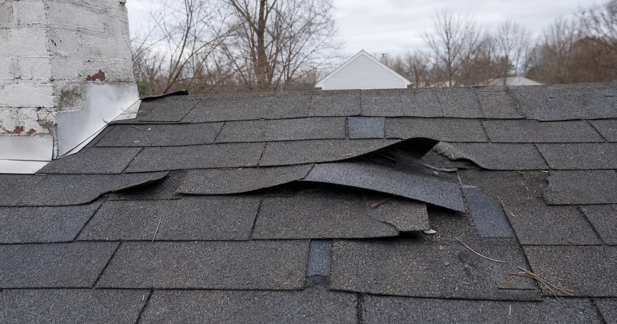 Lifted asphalt shingles after a wind storm on a Connecticut residential roof