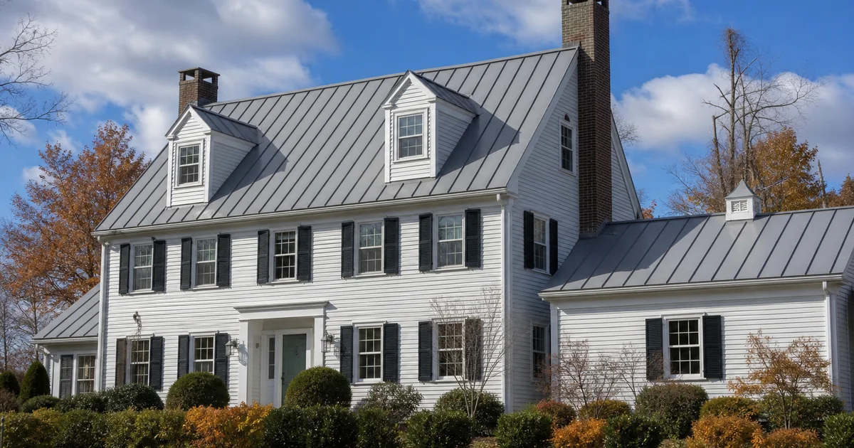 Mature standing seam metal roof on a Connecticut colonial home after 25 years