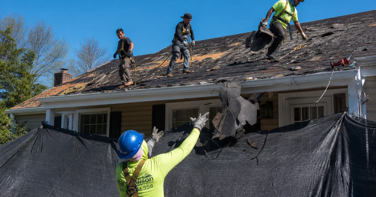 Roofing crew tear-off in progress on a Connecticut residential home