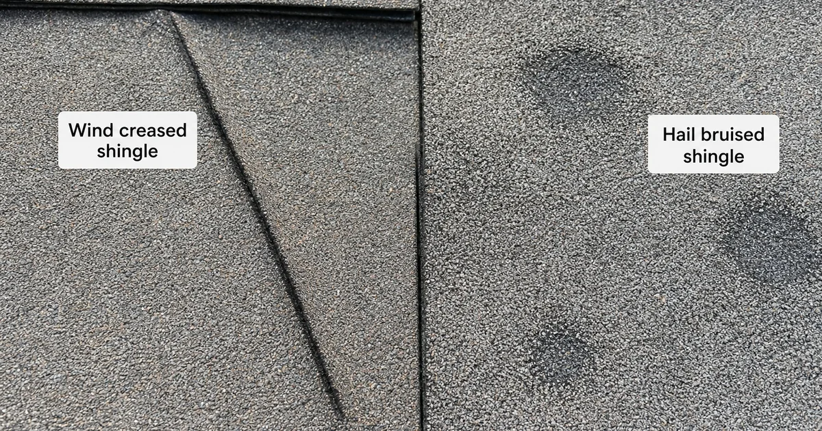 Side-by-side comparison: wind-creased shingle next to hail-bruised shingle