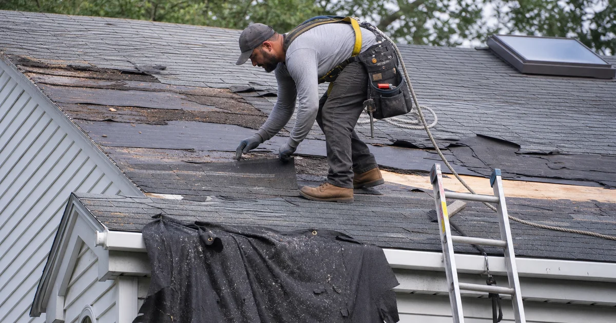 Storm damage repair in progress on a Connecticut residential roof