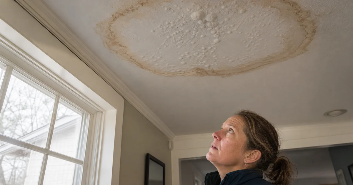 Water stain on a ceiling beneath a Connecticut roof leak source