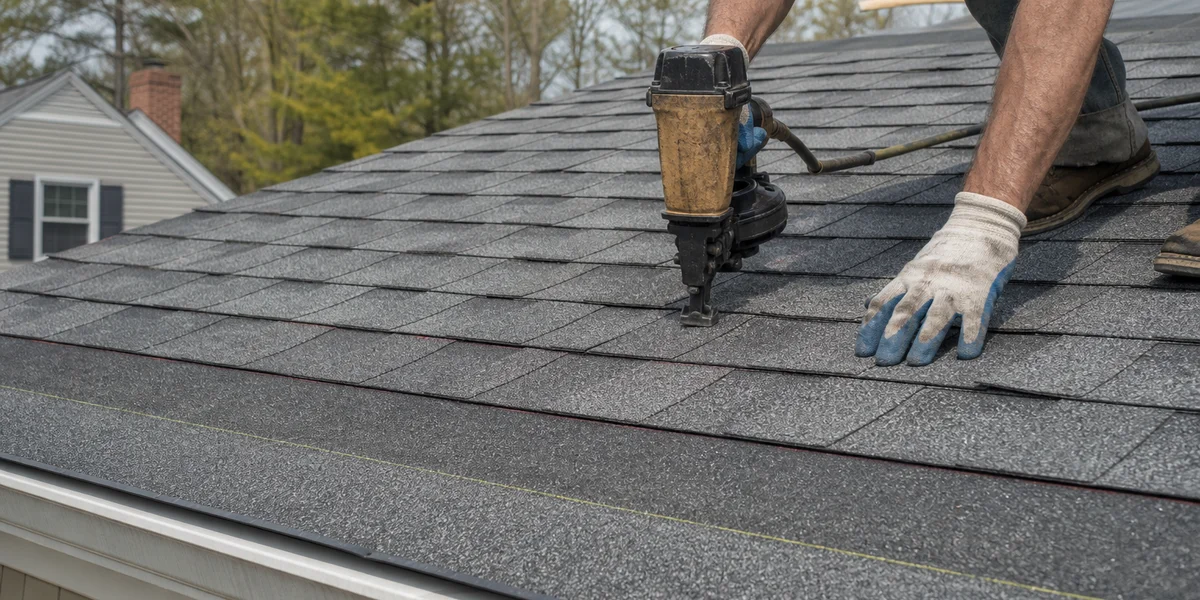 Architectural asphalt shingle install detail showing six nail pattern and starter shingles on Connecticut residential roof