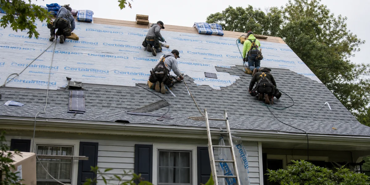 Roof replacement crew installing architectural shingles with full ice-and-water shield system on a Hartford County home