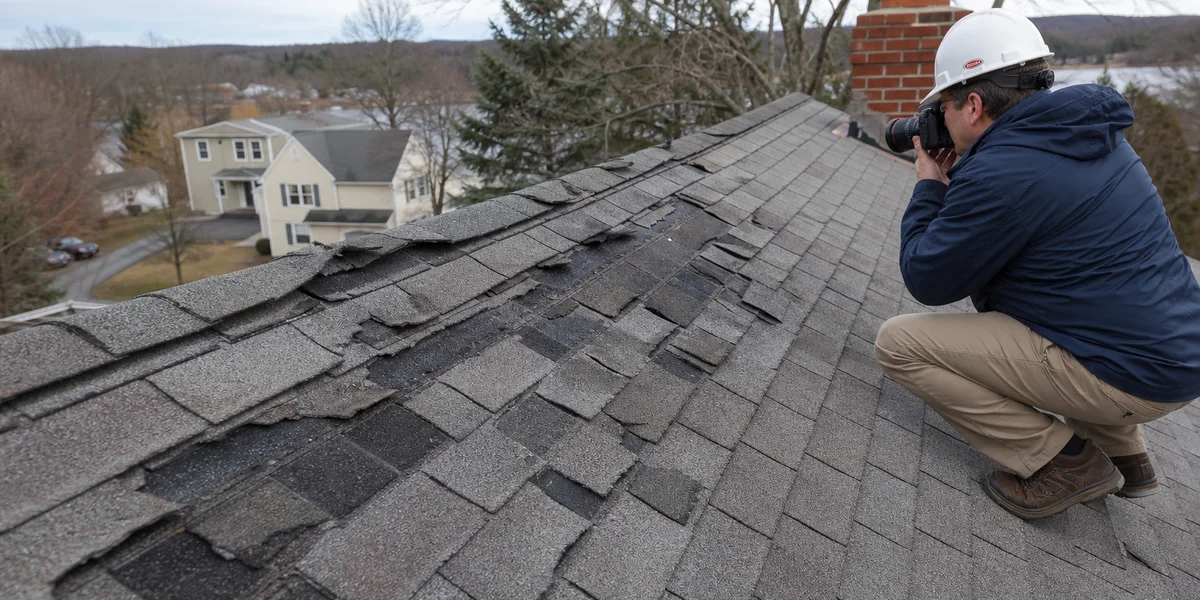 Storm damage inspection on Connecticut residential roof with documentation photography for insurance claim