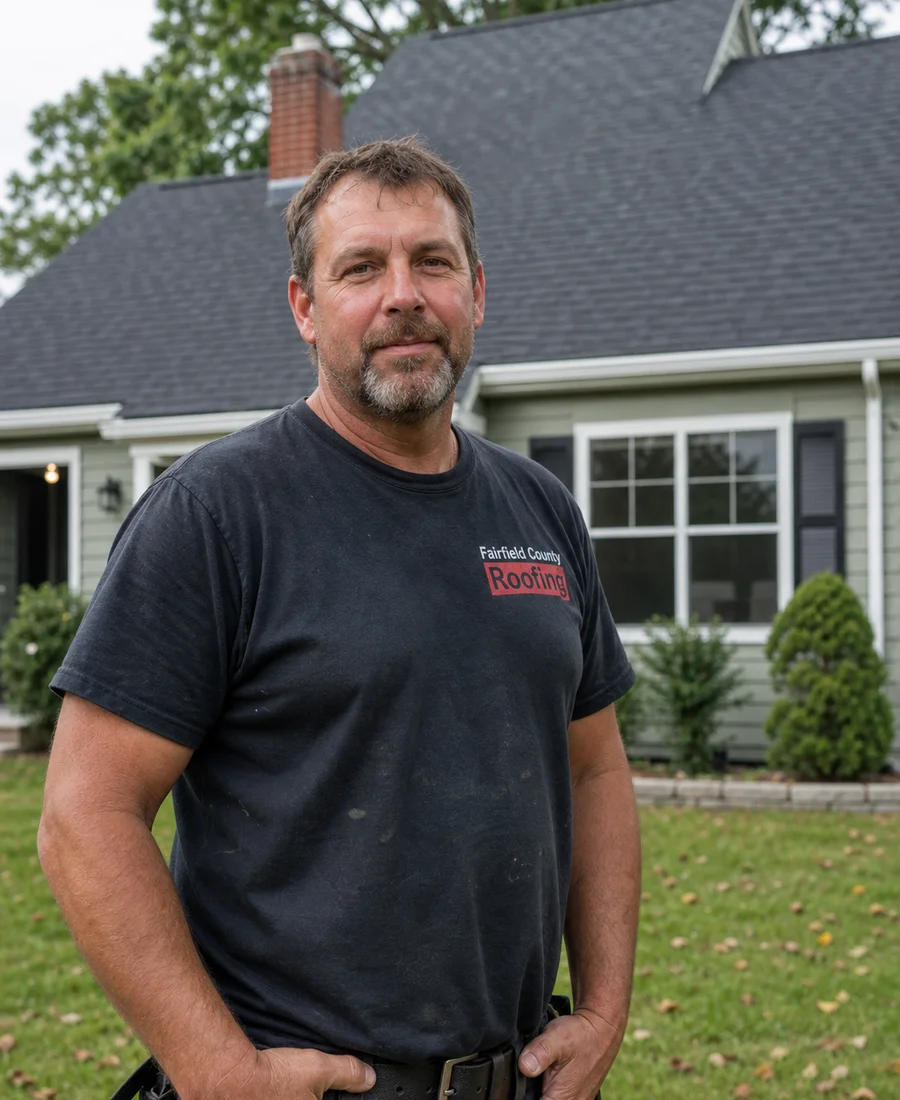 Kyle Murgo, founder of Newington Roofing Pros, standing in front of a completed residential roof