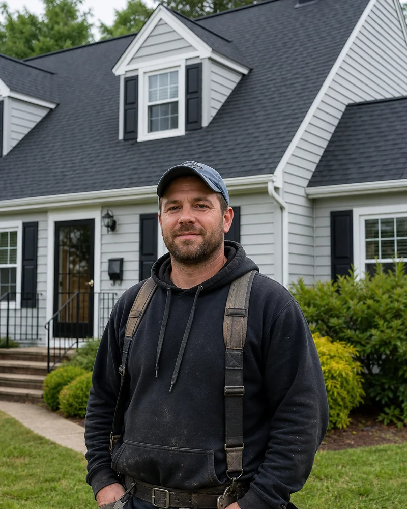 Kyle Murgo, owner of Newington Roofing Pros, in front of a completed residential roof in Hartford County