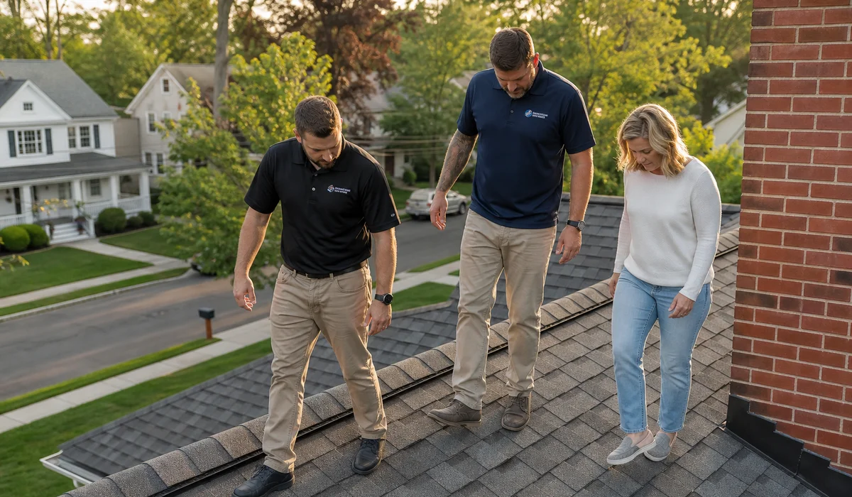 Owner walking a completed roof with a homeowner